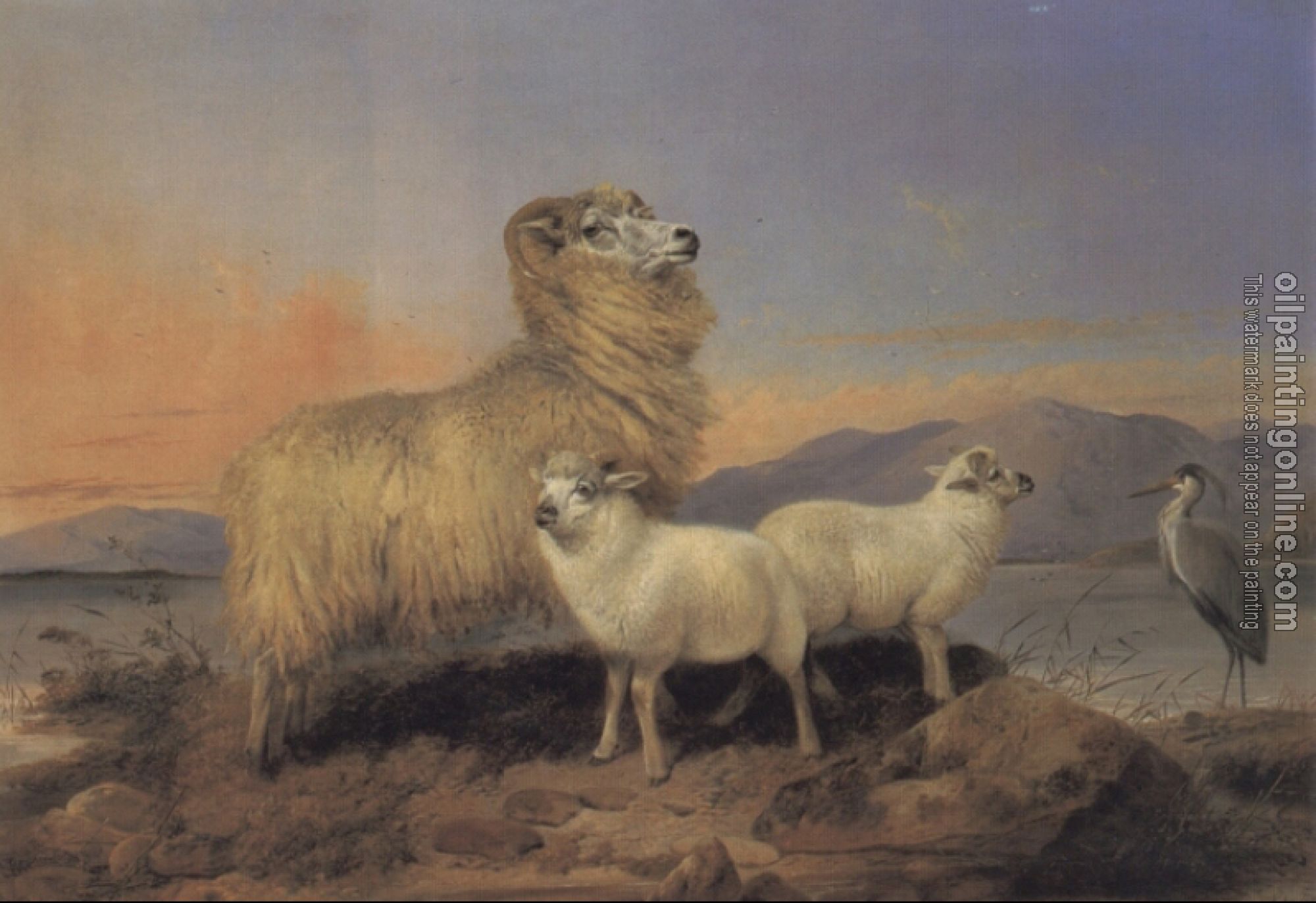 Ansdell, Richard - A Ewe with Lambs and a Heron Beside a Loch